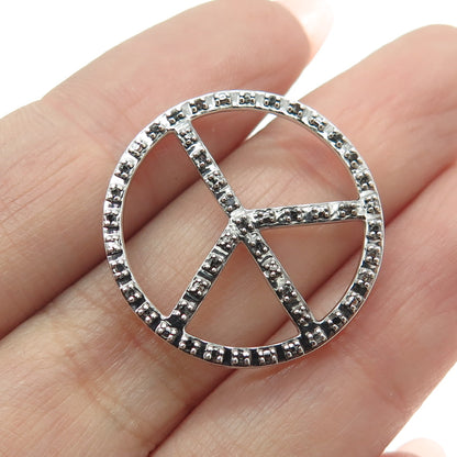 925 Sterling Silver Real Round-Cut Black Diamond Peace Symbol Slide Pendant