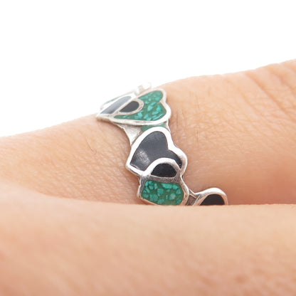 925 Sterling Silver Vintage Mexico Enamel Real Turquoise Inlay Heart Ring Size 7