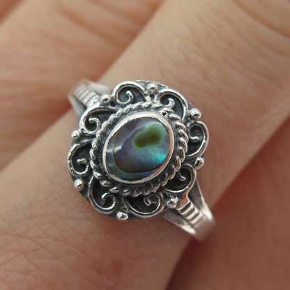 925 Sterling Silver Vintage Real Abalone Shell Flower Oxidized Ring Size 7.5