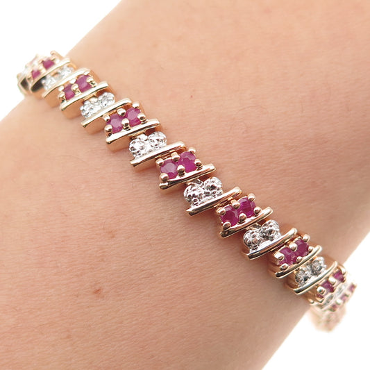 ROSS SIMONS Sterling Silver Gold Plated Real Diamond Accent & Ruby Bracelet 7.5"