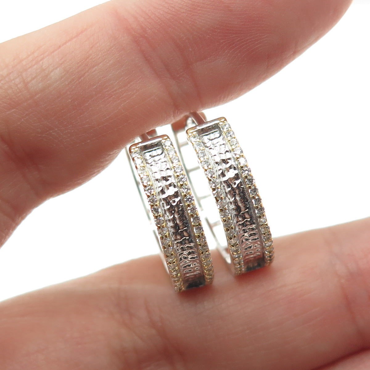 925 Sterling Silver 2-Tone Round-Cut Shaped C Z Huggie Earrings