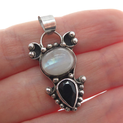 925 Sterling Silver Vintage Real Moonstone & Black Spinel Beaded Pendant