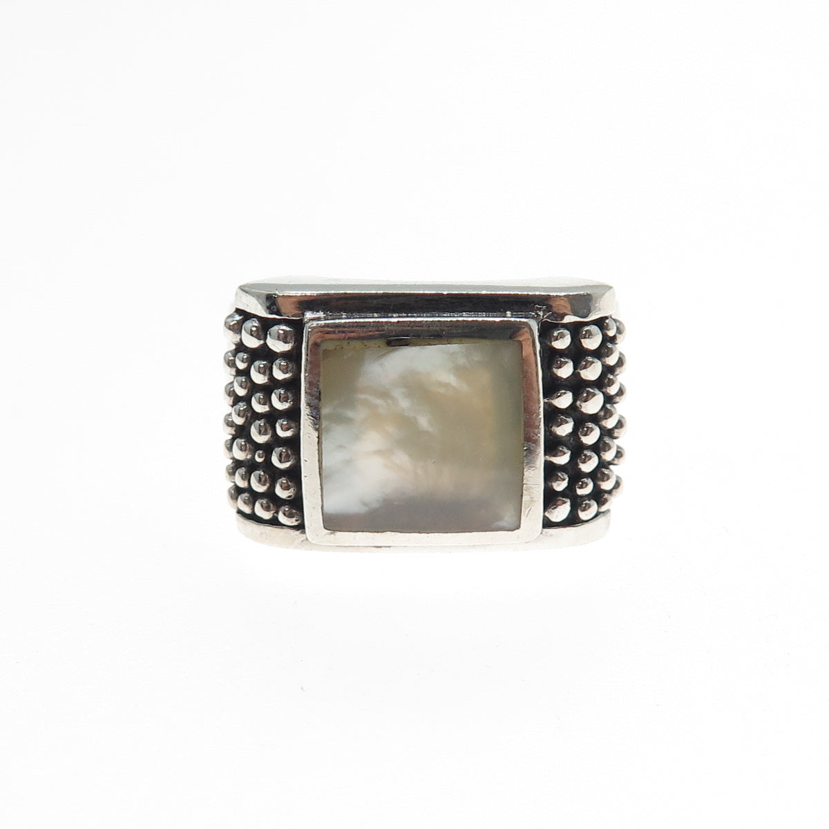 925 Sterling Silver Vintage Real MOP Granulated Oxidized Ring Size 7.75