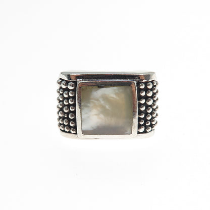 925 Sterling Silver Vintage Real MOP Granulated Oxidized Ring Size 7.75