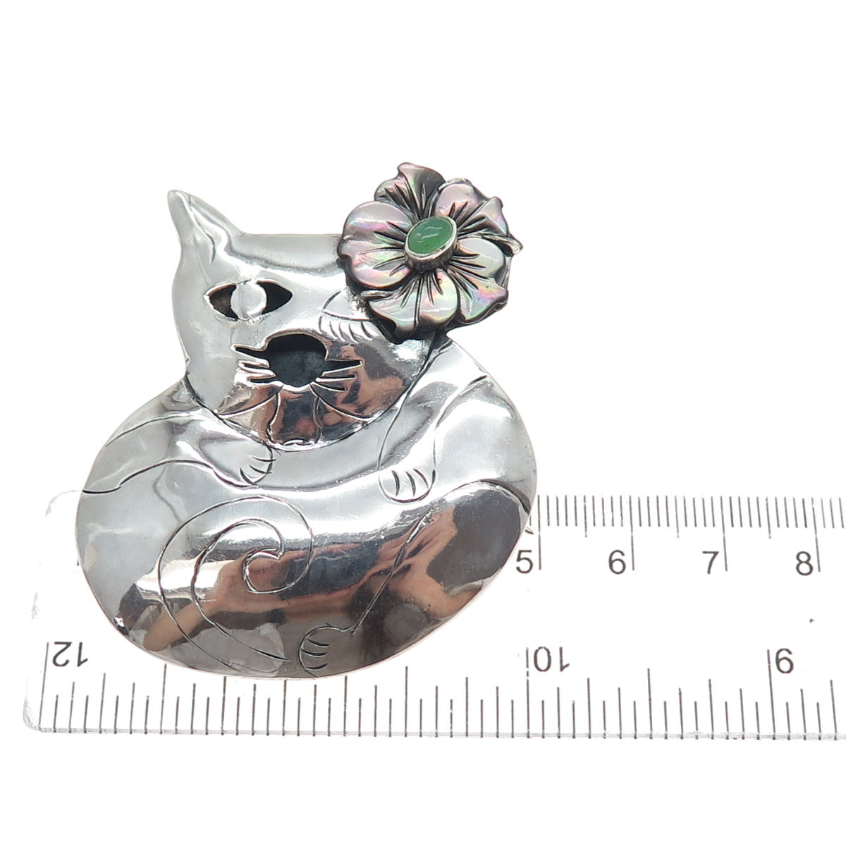 925 Sterling Silver Vintage Real Abalone Shell & Jade Cat Flower Brooch Pendant
