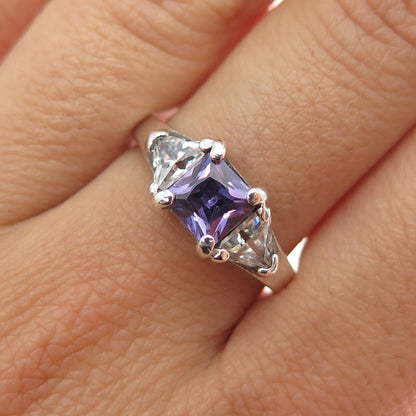 925 Sterling Silver Princess-Cut Purple & Triangle-Cut White C Z Ring Size 8.75