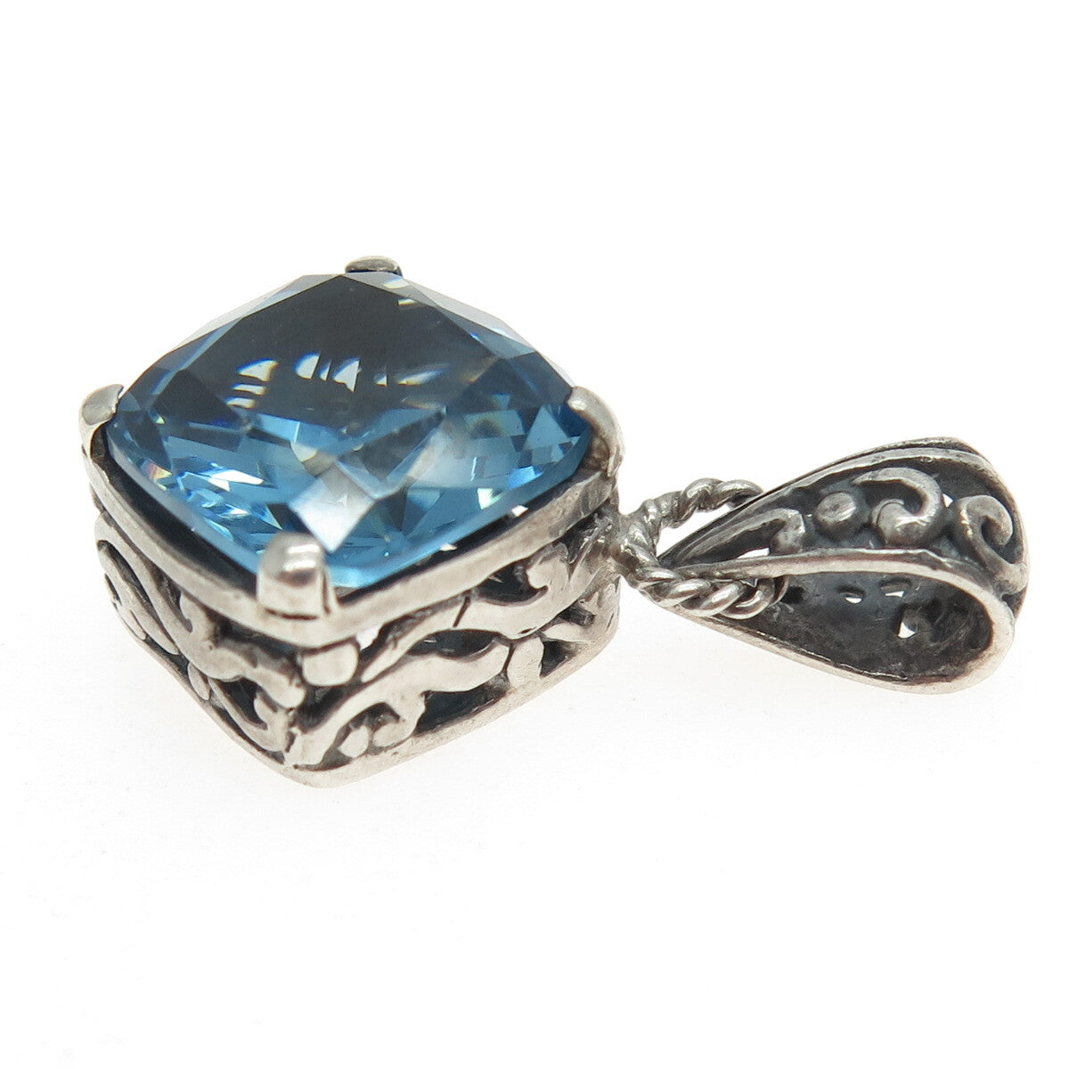 925 Sterling Silver Vintage Blue Glass Pendant