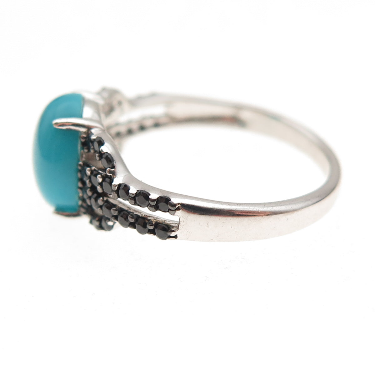 925 Sterling Silver Real Kingman Turquoise & Black Spinel Ring Size 8