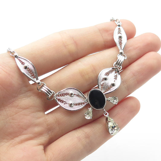 925 Sterling Silver Onyx & Rhinestone Filigree Double Cable Chain Necklace 18"