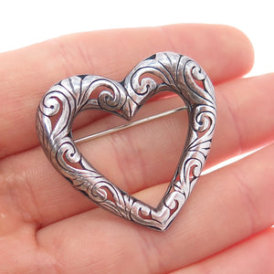 925 Sterling Silver Vintage Ornate Swirl Heart Oxidized Pin Brooch