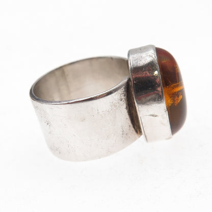 925 Sterling Silver Vintage Real Amber Modernist Oxidized Ring Size 8.25