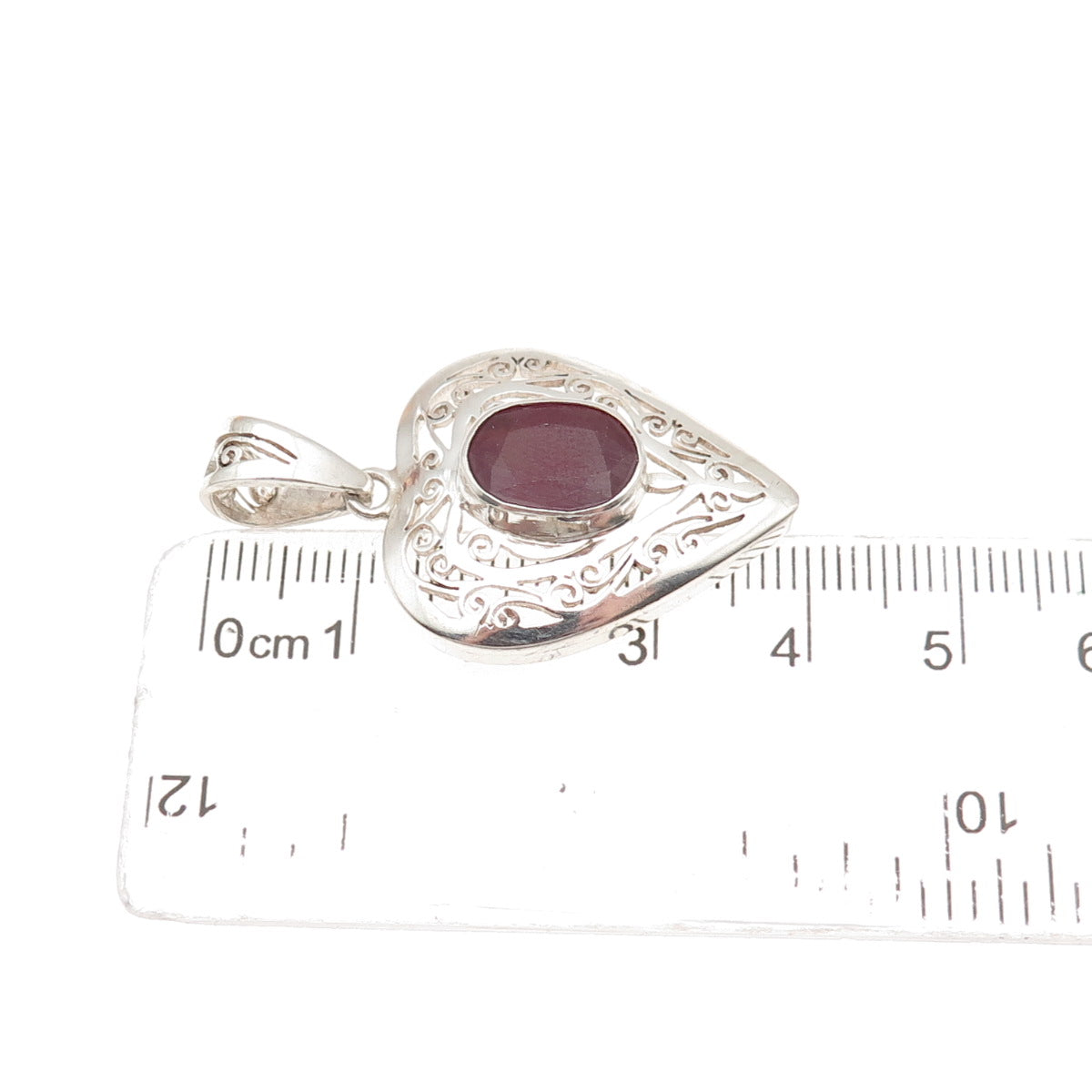 925 Sterling Silver Vintage Real Oval-Cut Ruby Ornate Heart Charm Pendant