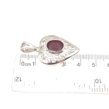 925 Sterling Silver Vintage Real Oval-Cut Ruby Ornate Heart Charm Pendant
