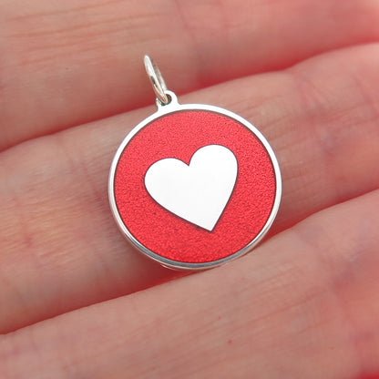 925 Sterling Silver Red Enamel Heart Round Tag Minimalist Charm Pendant