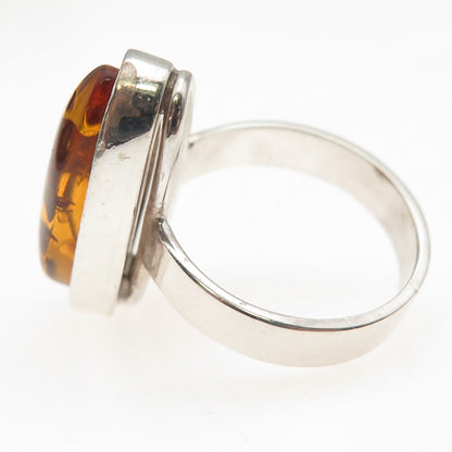 925 Sterling Silver Vintage Real Amber Modernist Oxidized Ring Size 9.5