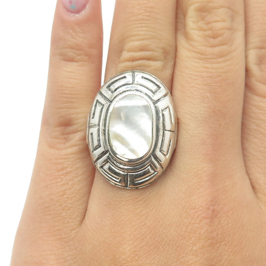 925 Sterling Silver Vintage Real Mother-of-Pearl Greek Maze Ring Size 6.5