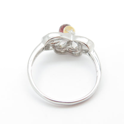 925 Sterling Silver 2-Tone Real Round-Cut Diamond Red Garnet Bow Ring Size 8.25