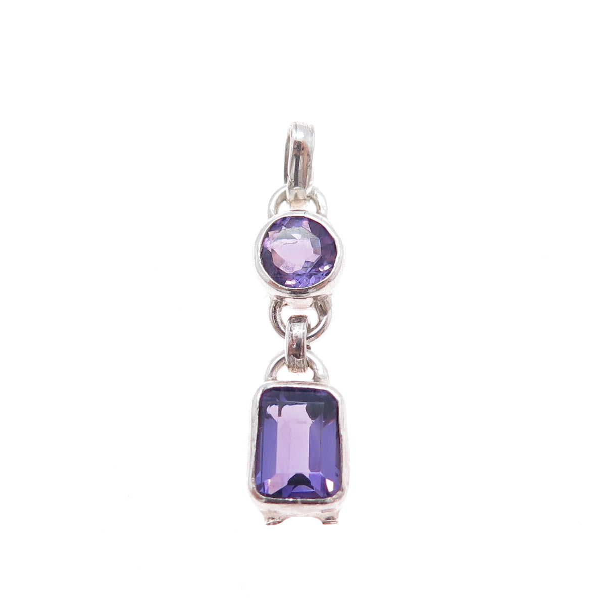925 Sterling Silver Vintage Real Round & Emerald-Cut Amethyst Charm Pendant