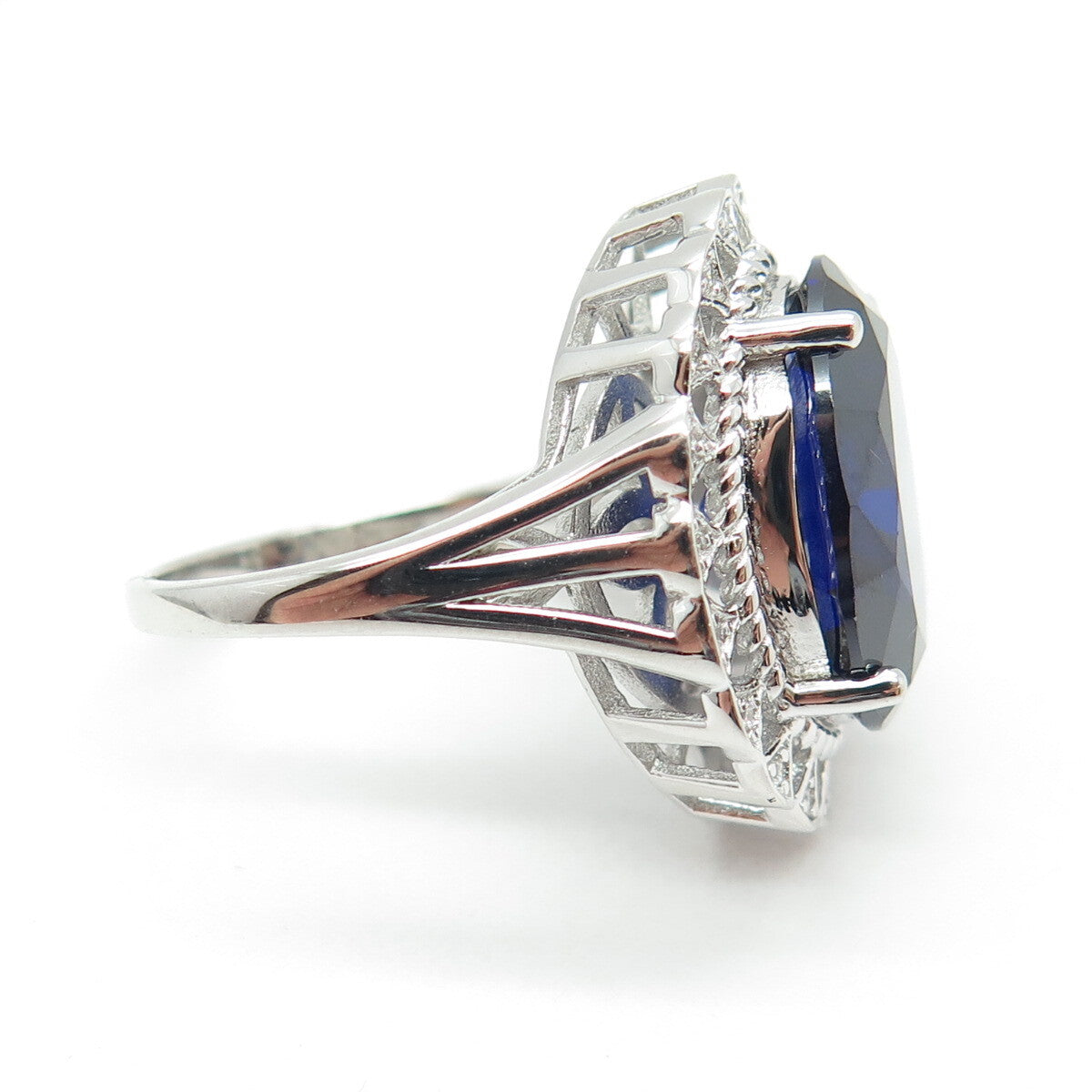 DSMK 925 Sterling Silver Oval-Cut Nano Sapphire & C Z Ring Size 7.25