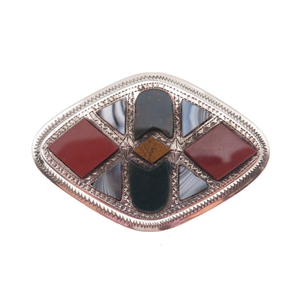 925 Sterling Silver Antique Scottish Real Bloodstone Agate Jasper Pin Brooch