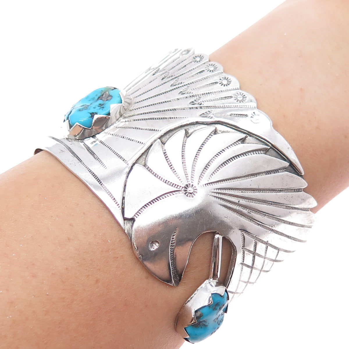 Old Pawn Sterling Vintage Turquoise Eagle Heavy 101.6g Adjustable Bracelet 7.25"