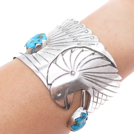 Old Pawn Sterling Vintage Turquoise Eagle Heavy 101.6g Adjustable Bracelet 7.25"