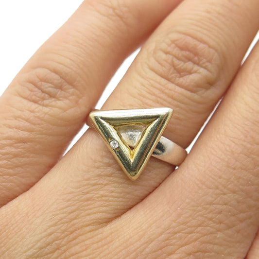 925 Sterling Silver 2-Tone Vintage Round-Cut C Z Triangle Modernist Ring Size 6