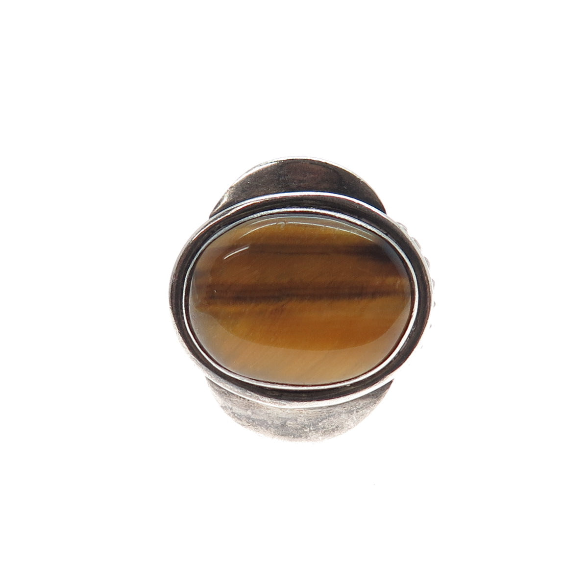 925 Sterling Silver Vintage Real Tiger Eye Modernist Oxidized Ring Size 8.25
