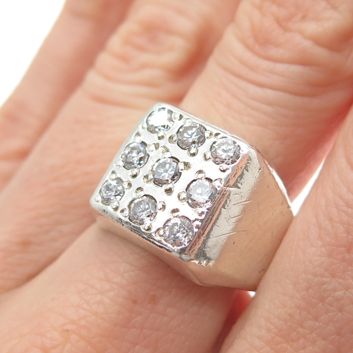 925 Sterling Silver Vintage Round-Cut C Z Signet Ring Size 9