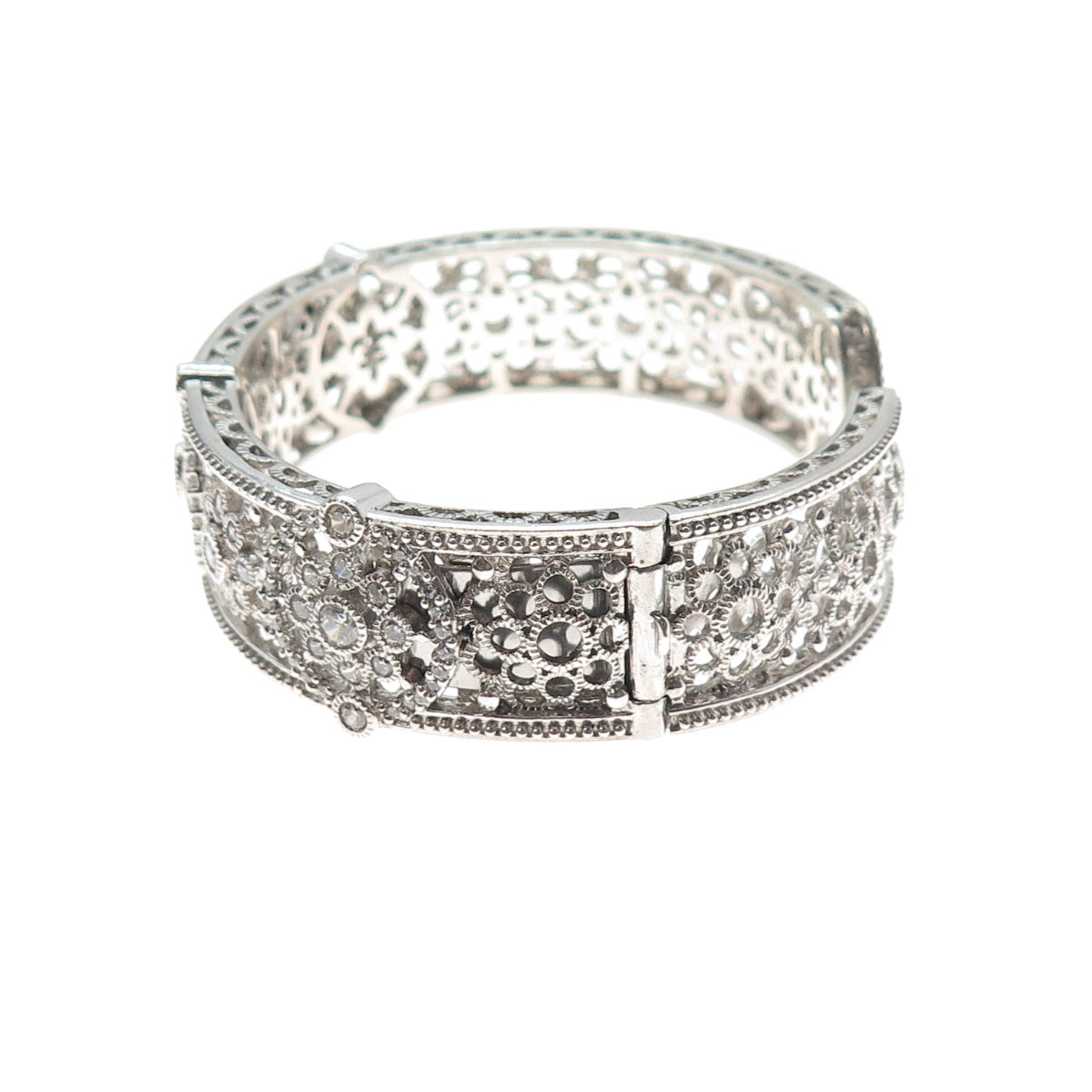 JUDITH RIPKA Sterling Silver Round-Cut C Z Flower Adjustable Cuff Bracelet 7"