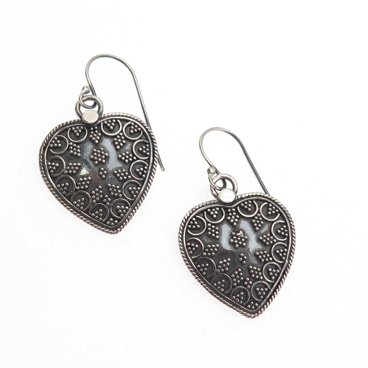 925 Sterling Silver Vintage Heart Granulated Oxidized Dangle Earrings