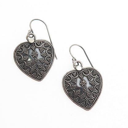 925 Sterling Silver Vintage Heart Granulated Oxidized Dangle Earrings