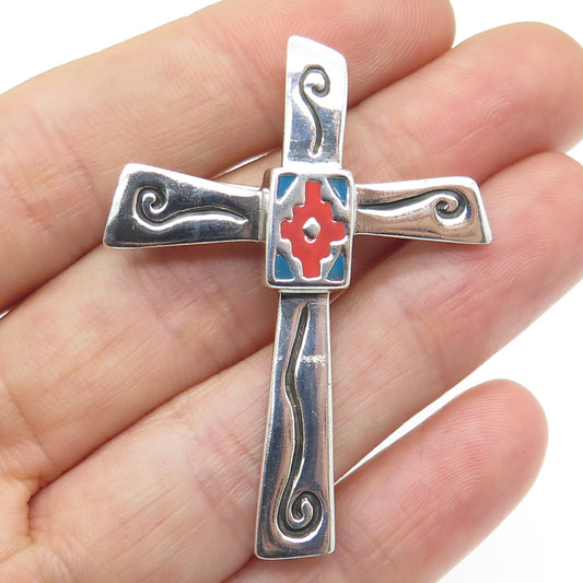 SHUBE 925 Sterling Silver Vintage Enamel Modernist Cross Pin Pendant