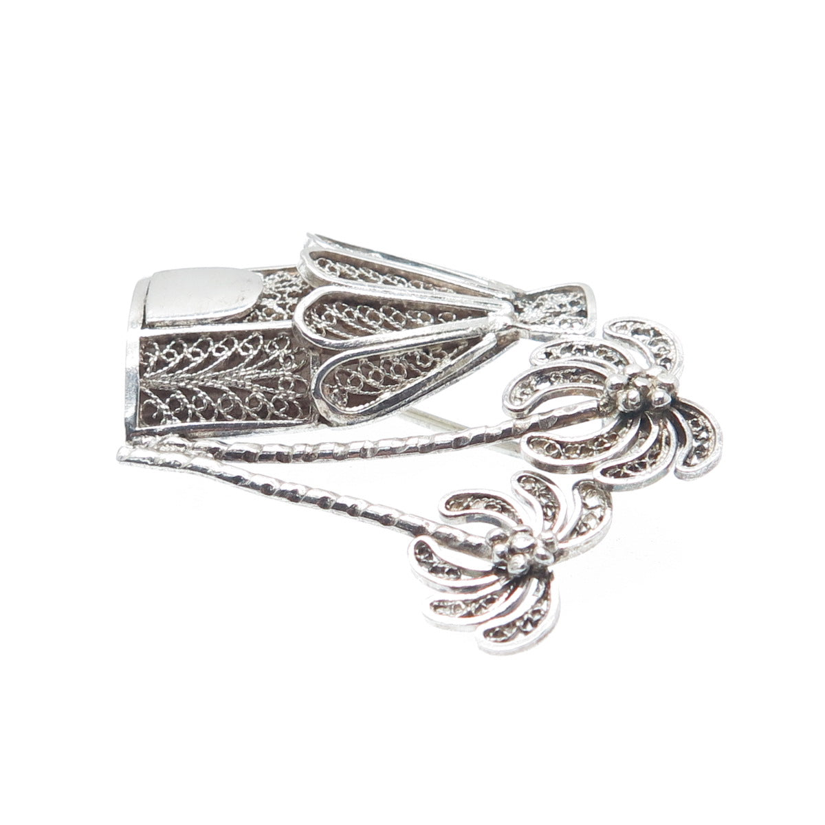 925 Sterling Silver Vintage Bungalow & Palm Tree Filigree Pin Brooch
