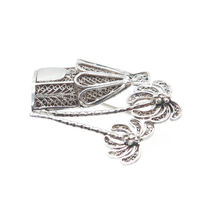 925 Sterling Silver Vintage Bungalow & Palm Tree Filigree Pin Brooch