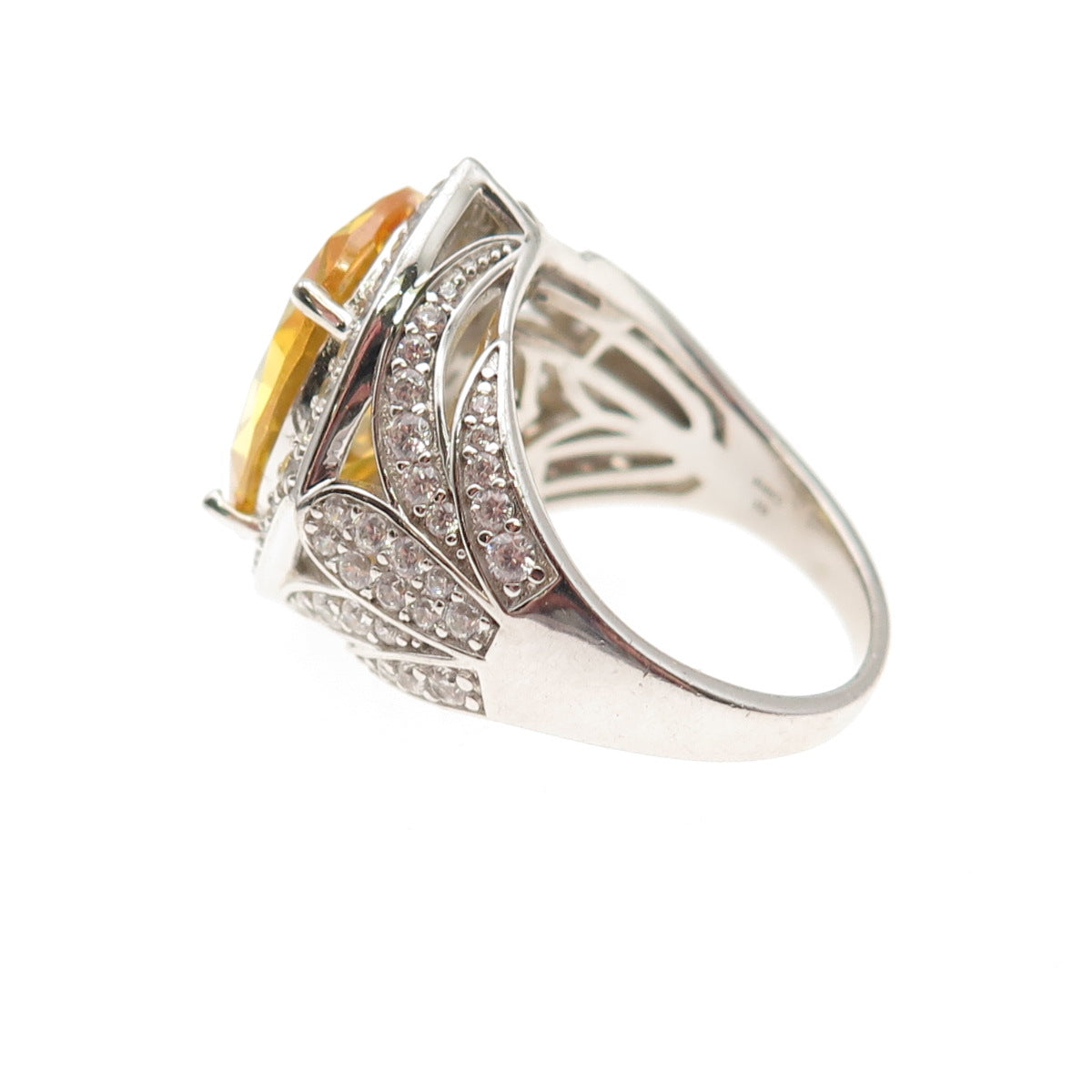 925 Sterling Silver Oval-Cut Canary & Round-Cut White C Z Ring Size 7