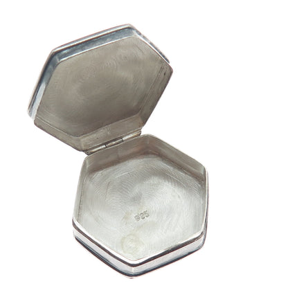 925 Sterling Silver Vintage Engraved Hexagon Oxidized Pill / Snuff Box