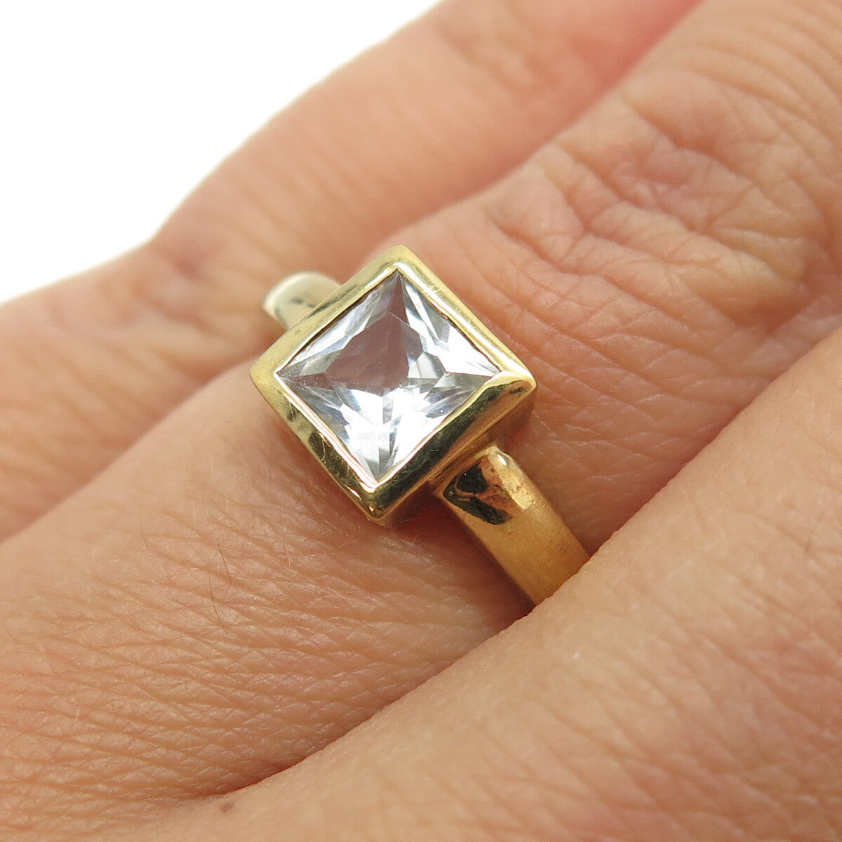 925 Sterling Silver Gold Plated Princess-Cut Shaped C Z Ring Size 6