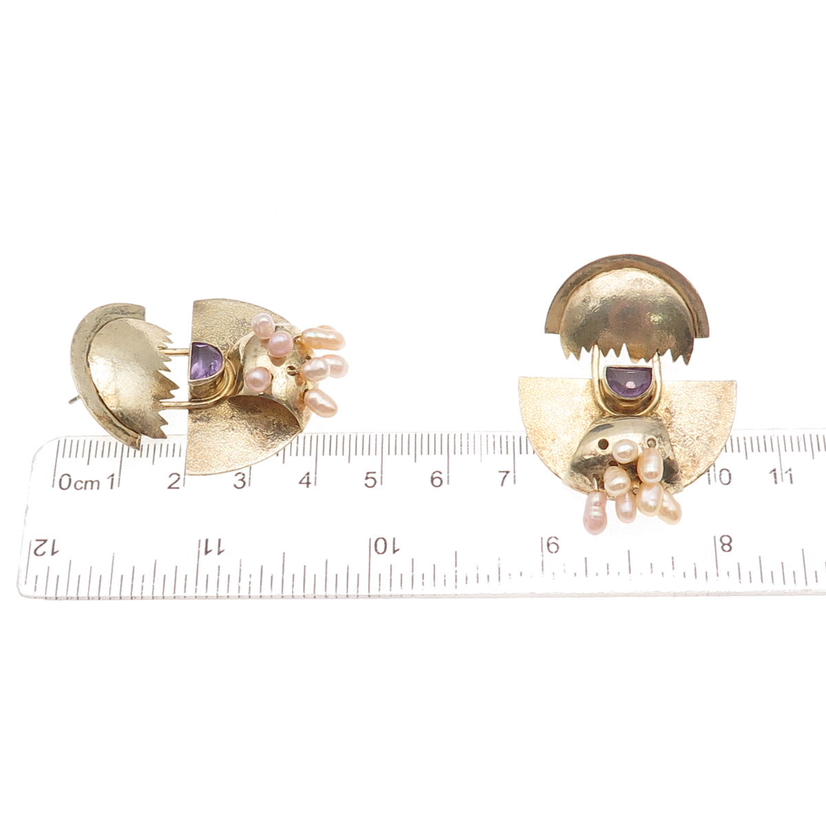 925 Sterling GP Vintage Real Amethyst & Pearl Modernist Earrings (missing pearl)