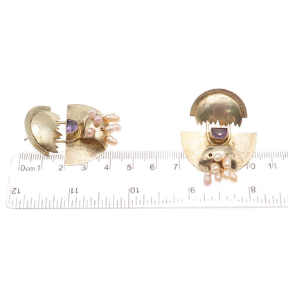 925 Sterling GP Vintage Real Amethyst & Pearl Modernist Earrings (missing pearl)