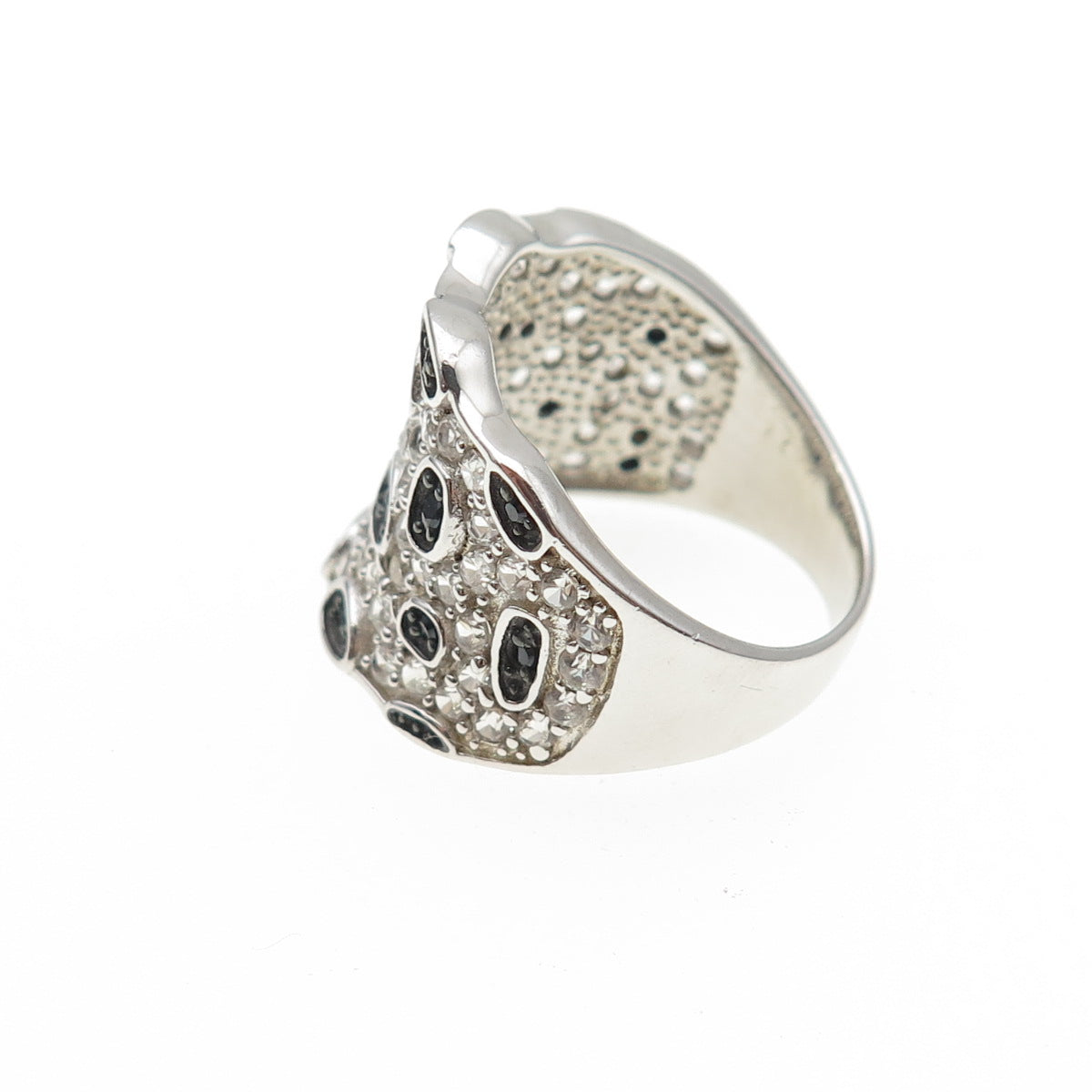 925 Sterling Silver Real Round-Cut Black Spinel & White Topaz Ring Size 7.25