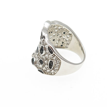 925 Sterling Silver Real Round-Cut Black Spinel & White Topaz Ring Size 7.25