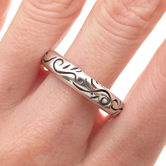 925 Sterling Silver Vintage Floral Scroll Oxidized Band Ring Size 10.5