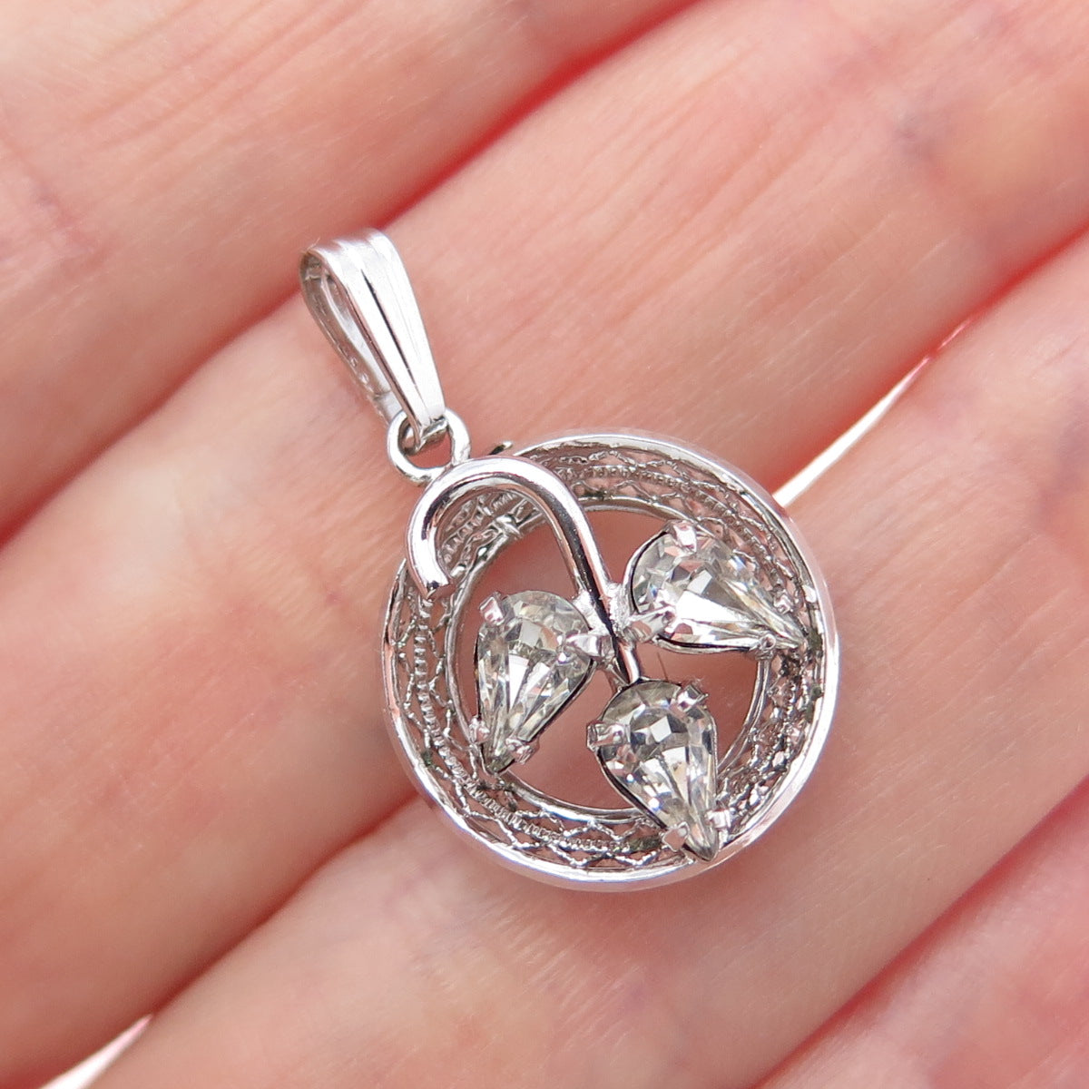 SORRENTO Sterling Silver Antique Art Deco Rhinestone Floral Mini Charm Pendant