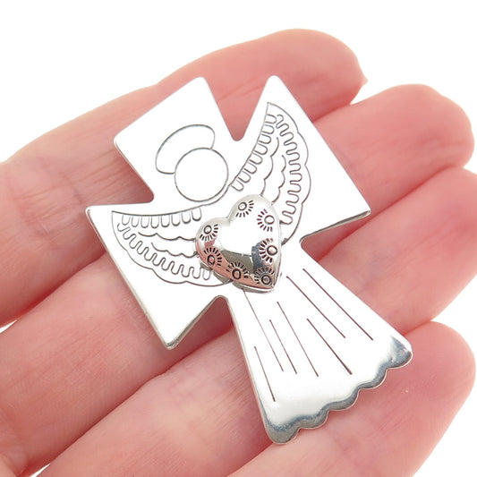 Carolyn Pollack 925 Sterling Vintage Angel Heart Cross Pin Brooch Slide Pendant