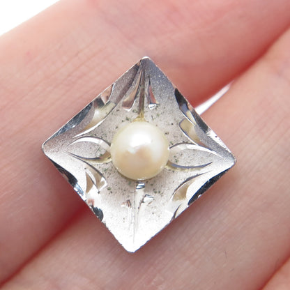 925 Sterling Silver Vintage Real Pearl Engraved Square Lapel Pin