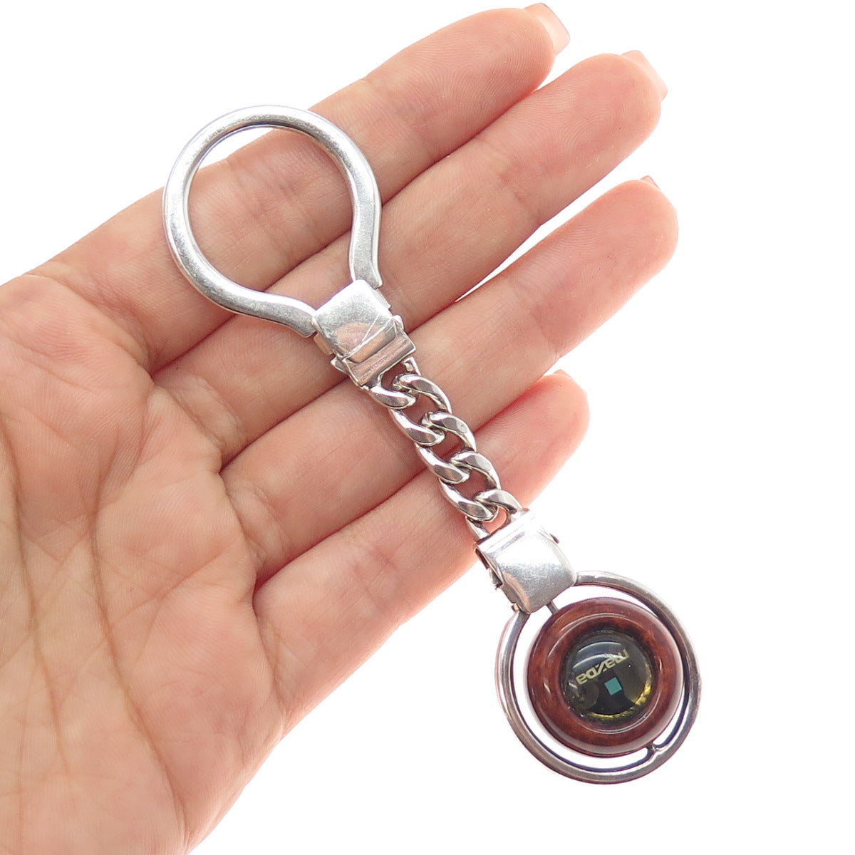 925 Sterling Silver Vintage Italy Wood Mazda Logo Key Fob Chain Ring
