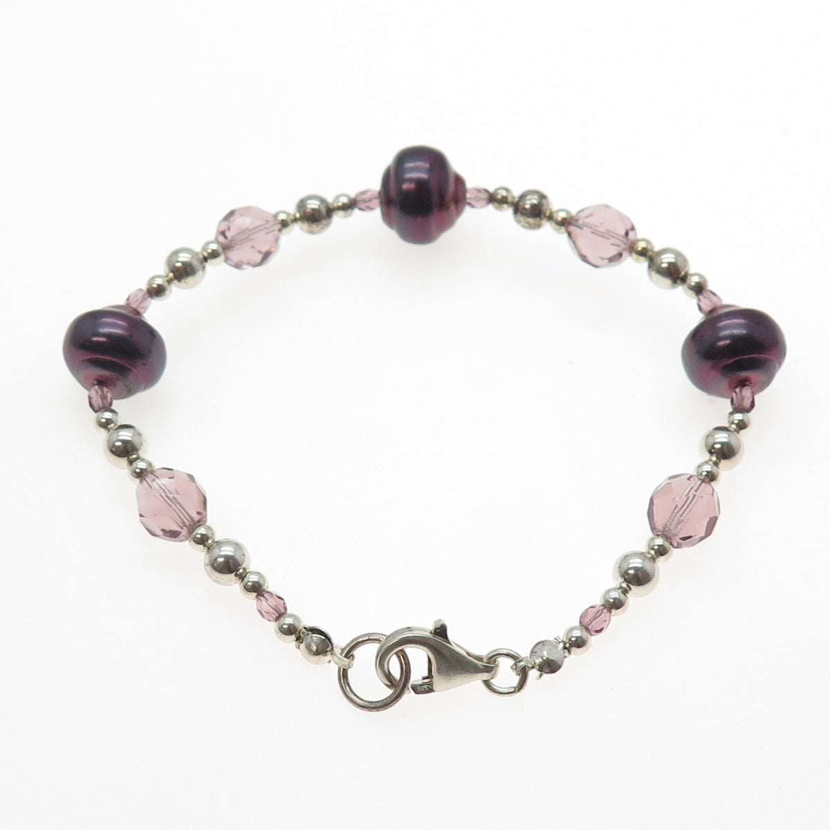 925 Sterling Silver Vintage Real Baroque Pearl & Crystal Beaded Bracelet 7.25"