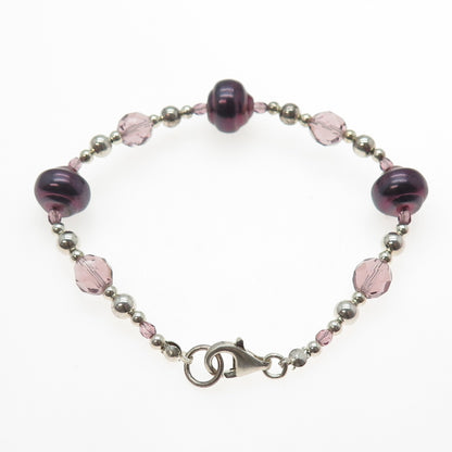 925 Sterling Silver Vintage Real Baroque Pearl & Crystal Beaded Bracelet 7.25"