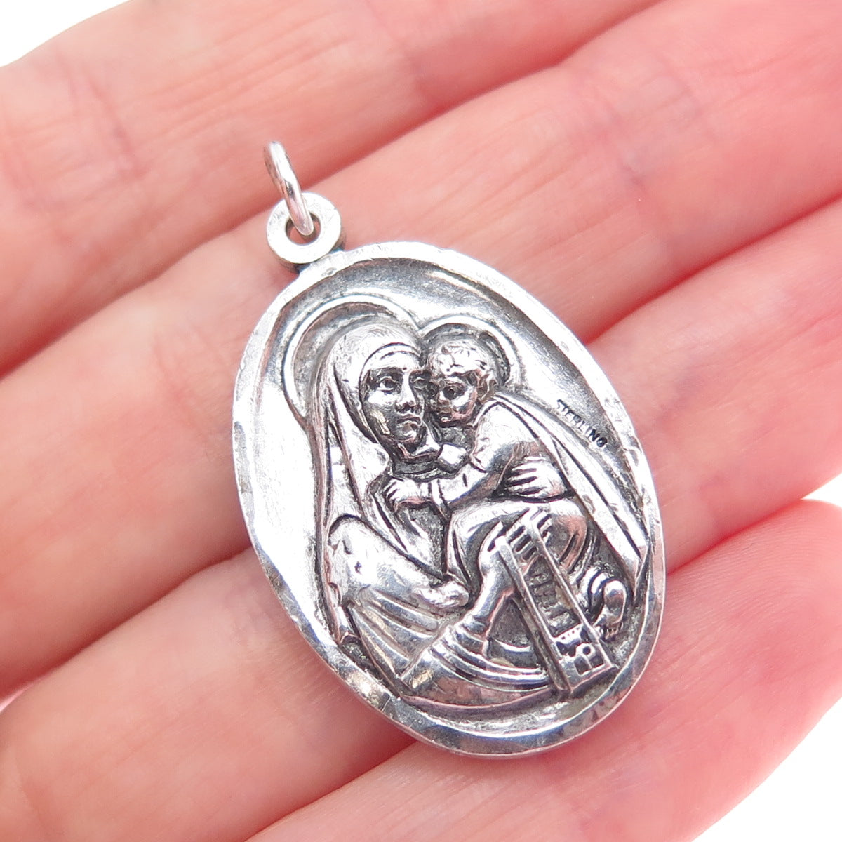 925 Sterling Silver Antique Art Deco St. Mary & Jesus Oxidized Charm Pendant